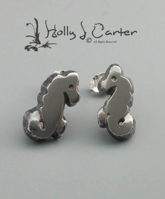 Seahorse Sterling Silver Stud Earrings handcrafted by metals artist Holly J Carter.