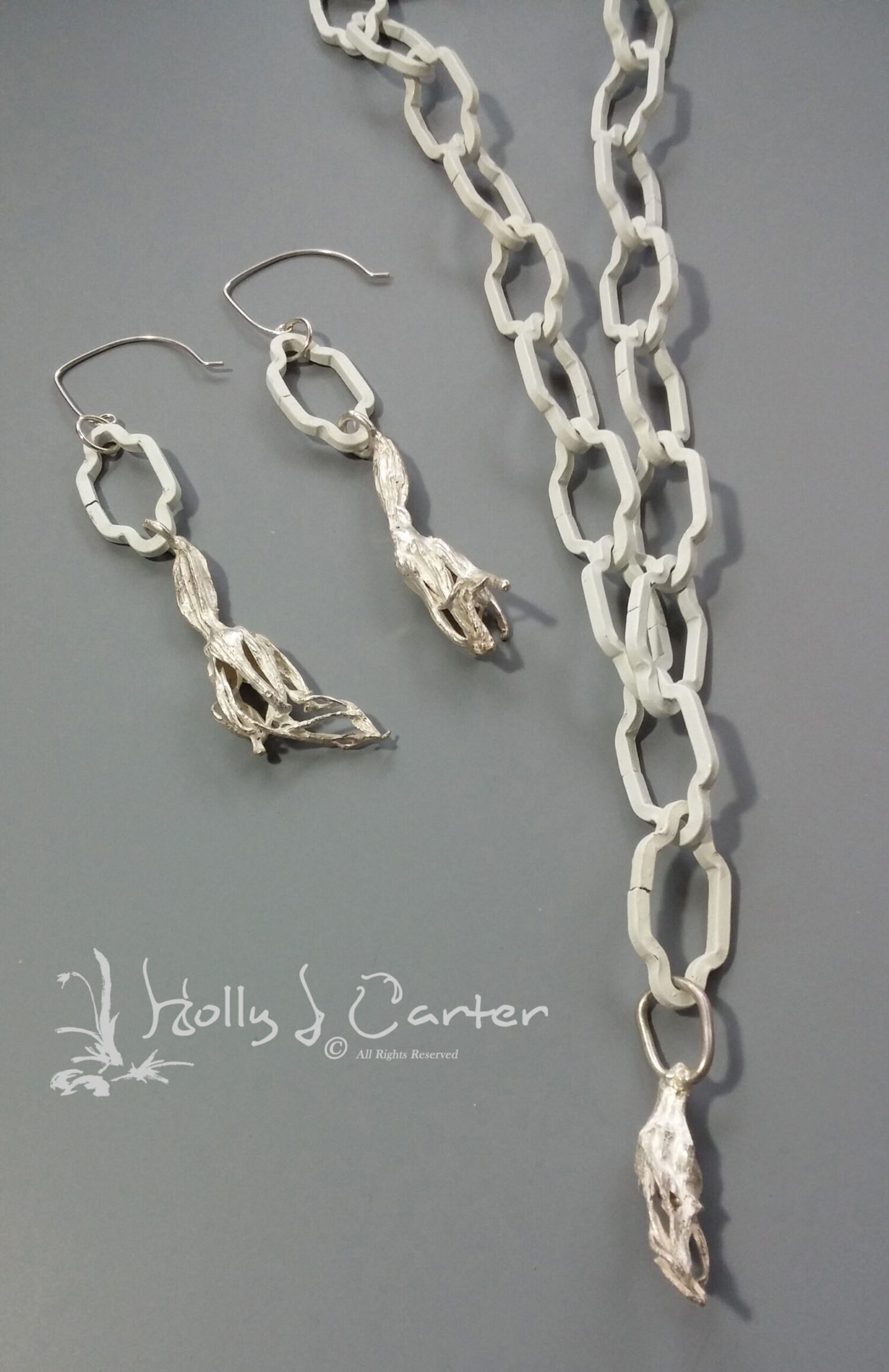 Agave Bud Sterling Silver & Steel Chain Necklace/Earrings Set Handcrafted by Holly J Carter