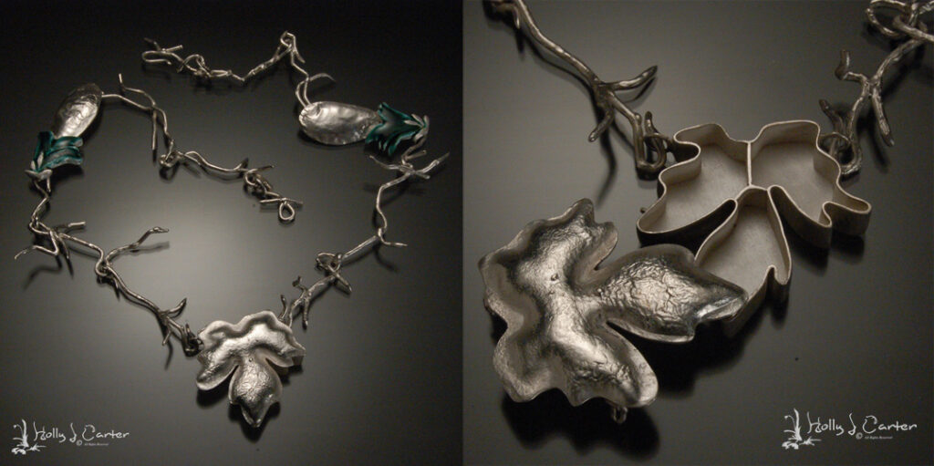 Leaf Locket necklace by Holly J Carter, reticulated sterling silver and fabricated locket, cast sterling silver twig chain, vitreous glass enamel on silver links.